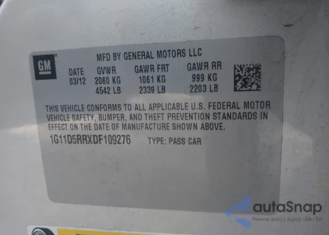 2013 Chevrolet Malibu Eco z USA, uszkodzony, nr VIN 1G11D5RRXDF109276